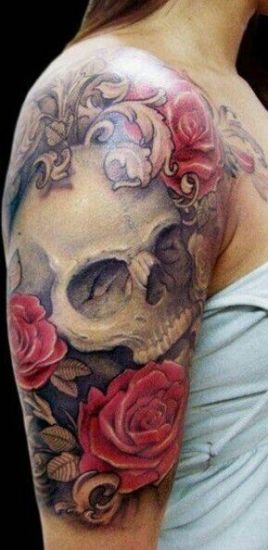 Koponya és rózsák mexikói tetoválás tervezés
