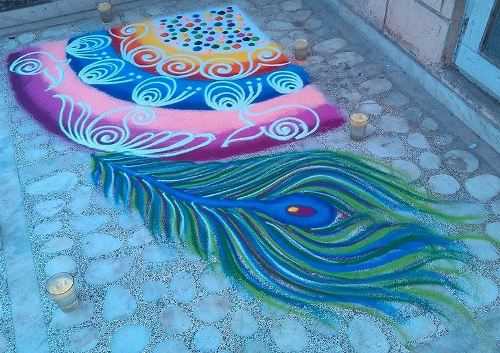 Særlige Rangoli -designs Peacock Feather Rangoli