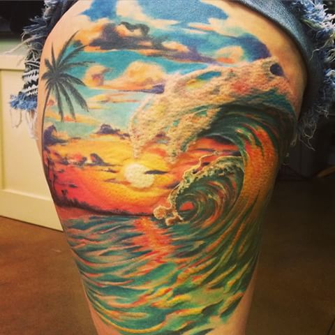 Ocean Waves Palm Tree Tattoo
