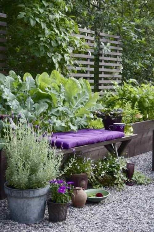 ruukkukukat puutarha penkki violetti istuintyyny raikas tunnelma