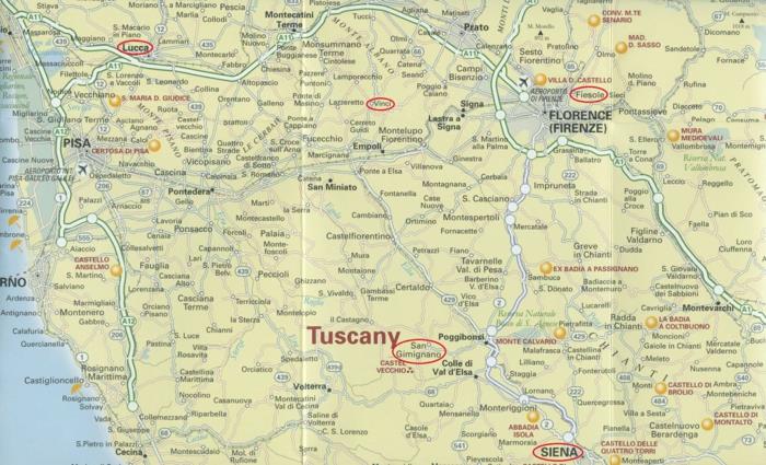 Toscanan lomakartta Toscanan kaupungeissa