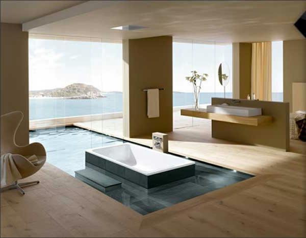 unelma kylpyhuone, jossa on ulkouima -allas ja merinäköala