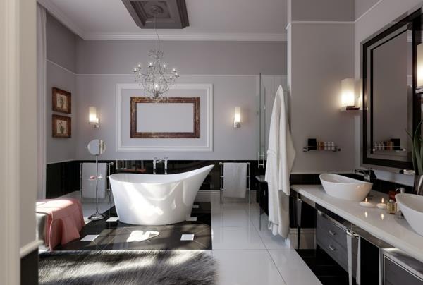 unelma kylpyhuoneen lattialaatat musta valkoinen kattokruunu hopea