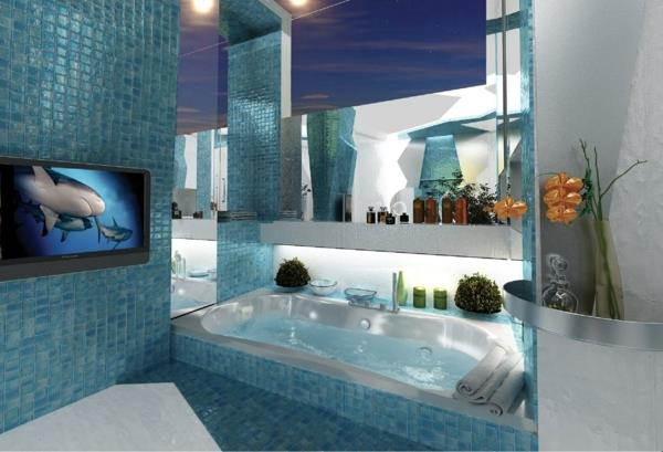 unelma kylpyhuone sisäänrakennettu kylpyamme sininen laatat tv