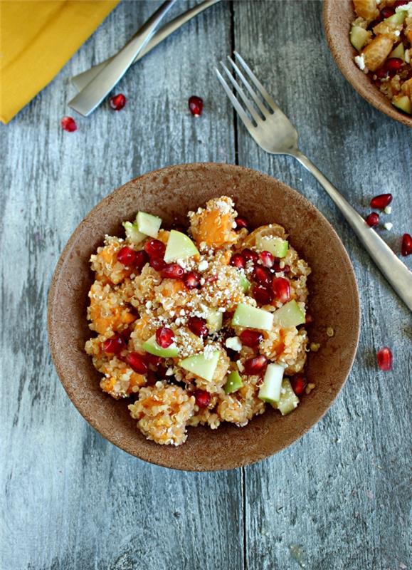 ruoka, jossa yhdistyvät ravitsemus terveet tuoreet hedelmät granaattiomena bataatit quinoa