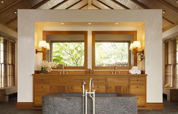 trooppinen kylpyhuone tyylikäs lipasto pähkinäpuusta