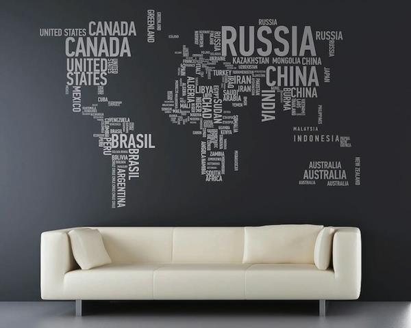 typografinen maailmankartta luovia seinäsuunnitteluideoita