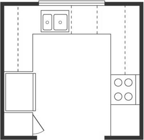 U-muotoinen keittiösuunnitteluhanke saari-idea neliönmuotoinen kolmio Tärkeät keittiön pohjapiirrokset