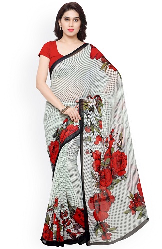 Hvid trykt Saree