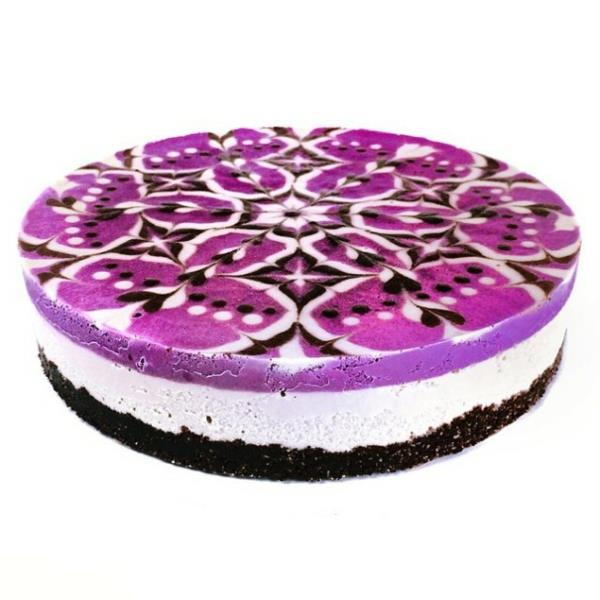 vegaaninen kakku mandala -juustokakku violetti valkoinen