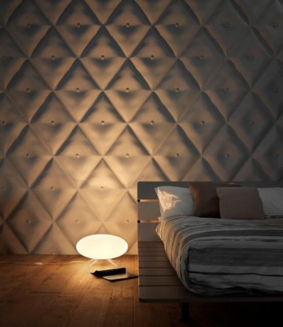 seinäpäällyste 3D geometriset muodot makuuhuoneen vaalea lattiavalaisin puu