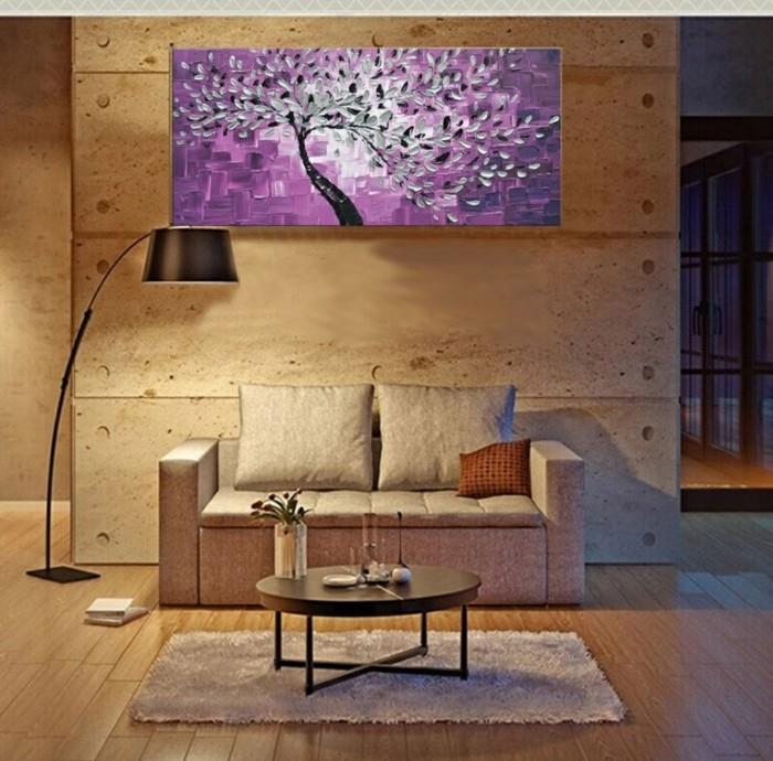 seinämaalaukset olohuone violetti väri vivahteita lattialaatat puu