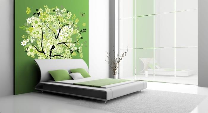 seinän sisustusideoita makuuhuoneen vihreä aksentti seinäpuu