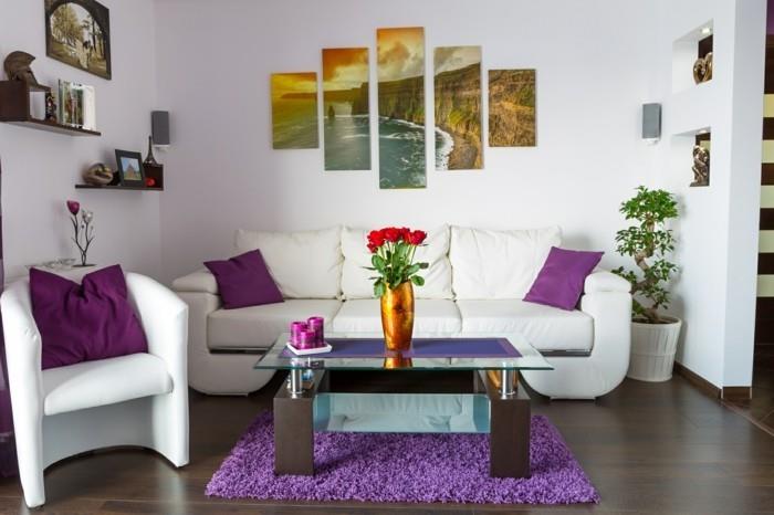 seinäkoristeidea olohuone sisustaa kangas violetti aksentti