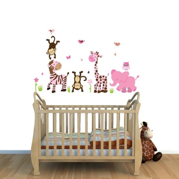 seinän sisustus lastentarha vauvan huone pinnasänky eläimet tarroja