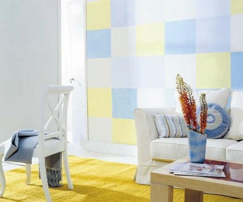 seinäkoriste neliöillä narsissi keltaiset pastellisävyt olohuone valkoinen