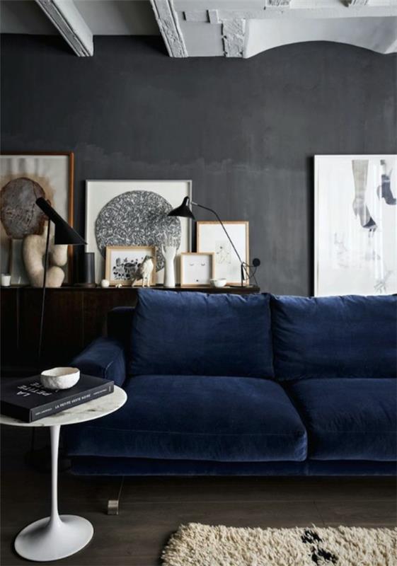 seinän suunnitteluideoita harmaa olohuone sininen sohva