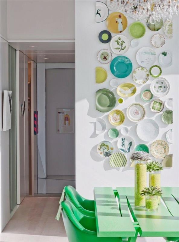 seinän suunnitteluideoita eläviä ideoita keittiölaatat seinäkoriste vihreät huonekalut