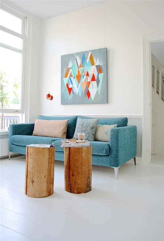 seinän suunnitteluideoita kotiideoita olohuone sininen sohva kaunis seinäkoriste