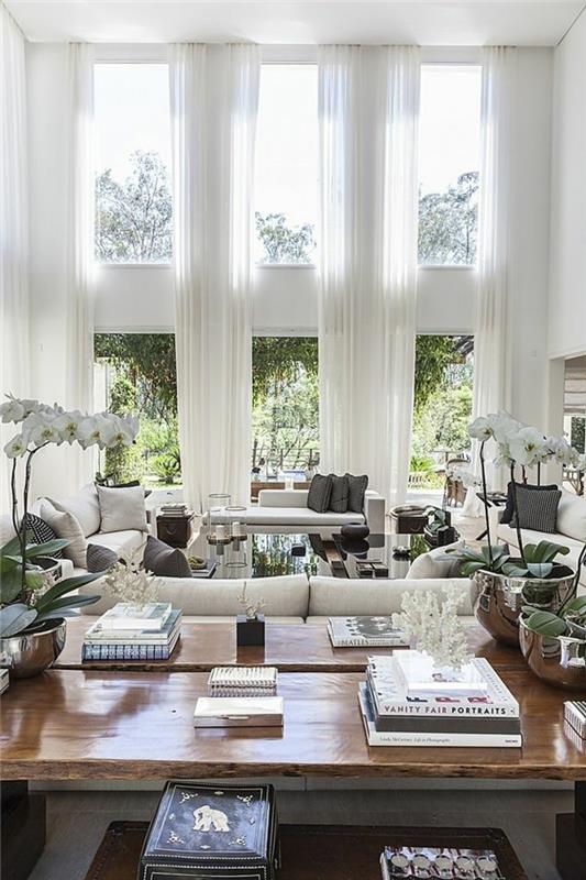 seinän suunnitteluideoita kotiideoita olohuone suuret ikkunat pitkät verhot valkoiset orkideat