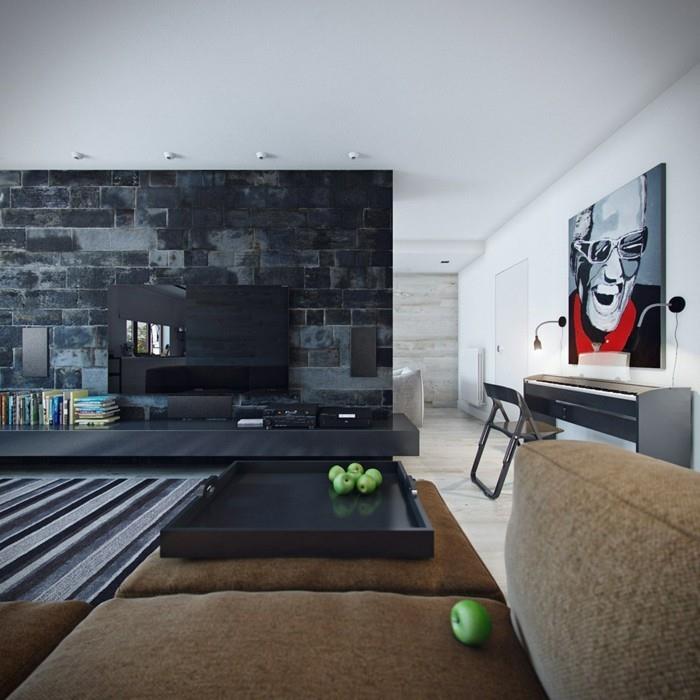 seinän suunnittelu elävät ideat olohuone betoniseinät nauhat matto