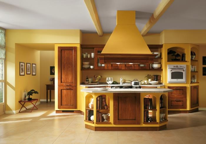 maalaa keittiön seinämaali -ideoita keltainen keittiö tuore keittiösaari lattialaatat