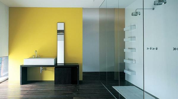 seinän väri kylpyhuoneen väri valkoinen keltainen puulattia tumma