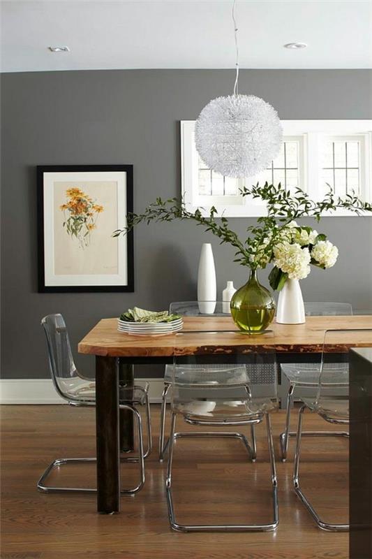 seinän väri harmaa läpinäkyvät tuolit vankka ruokapöytä