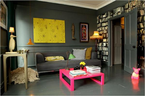 seinän väri harmaa sisustus olohuoneen sohvapöytä puu vaaleanpunainen