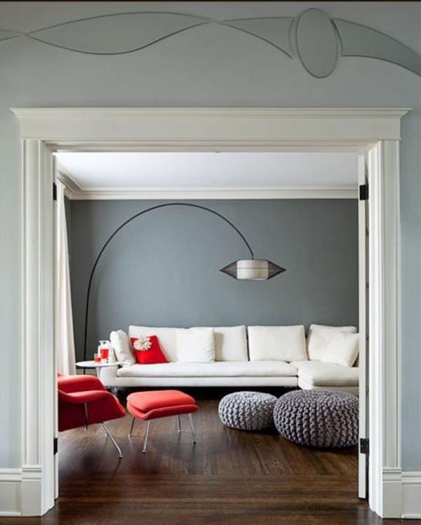 seinän väri harmaa sävyt olohuoneen suunnittelu punainen nojatuoli valkoinen sohva