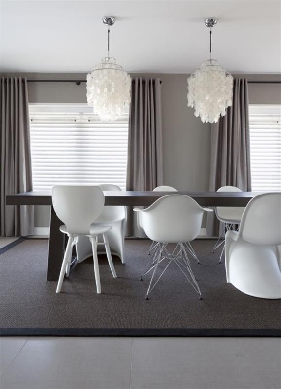 seinäväri vaaleanharmaa ruokasali sisustus harmaa matto ergonomiset valkoiset tuolit