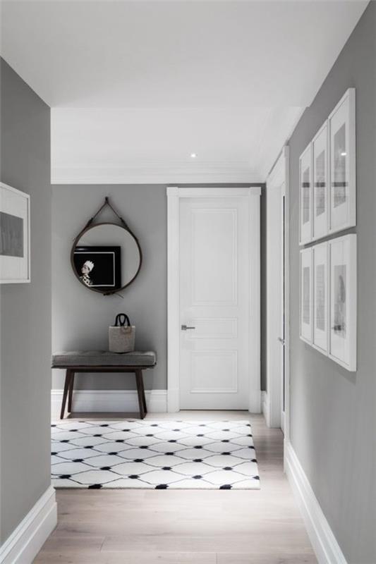 seinän väri vaaleanharmaa eteinen suunnitteluideoita tyylikäs matto valkoinen musta