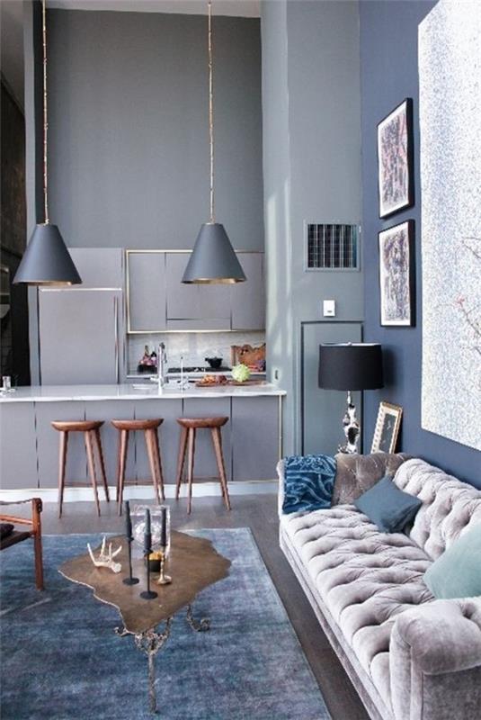 seinän väri vaaleanharmaa moderni huone vintage -matto epätavallinen sohvapöytä