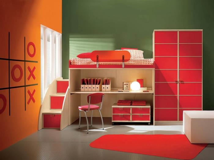seinän väriideat lastenhuone oranssi seinä vihreä aksentti seinä punainen elementtejä