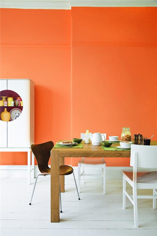 seinän väriideoita oranssi keittiö valkoinen lattia puinen pöytä