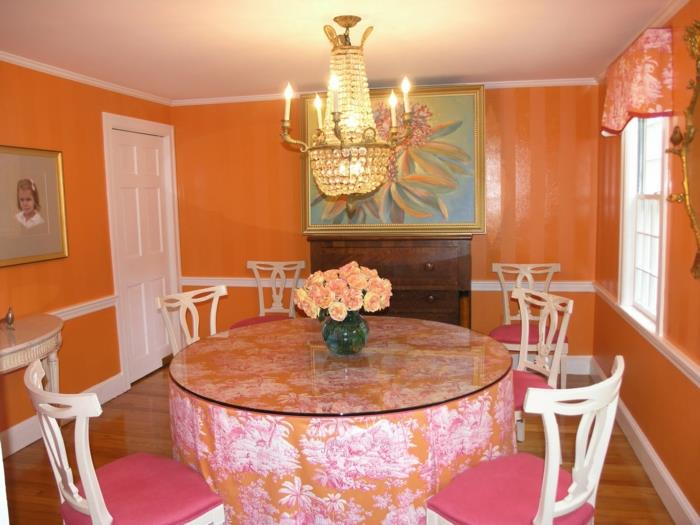 sisustus ruokasali sisustus kynttilänjalat oranssi seinät vaaleanpunainen aksentti