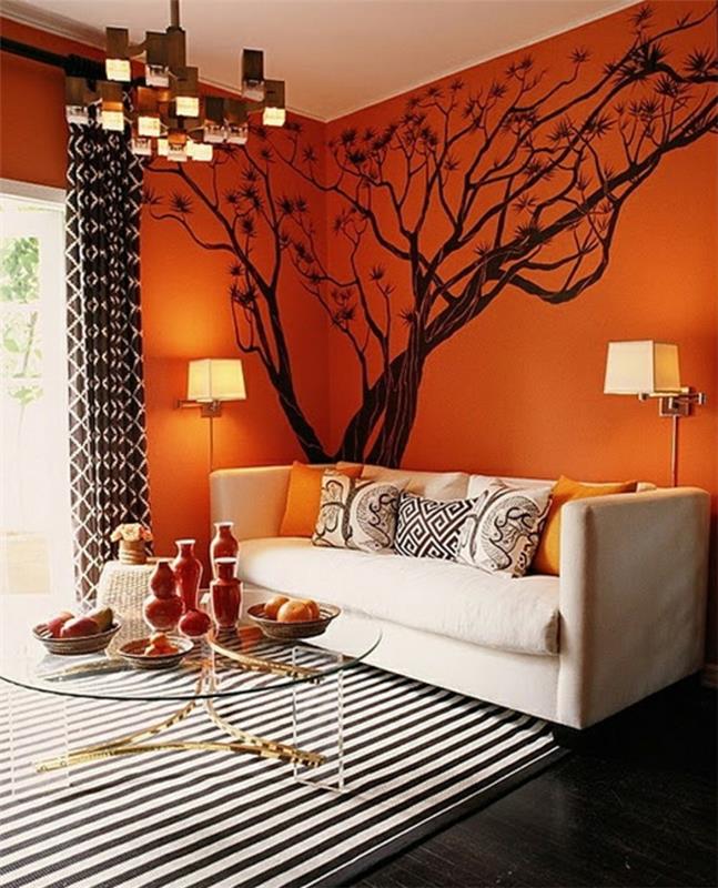 seinän väri -ideat oranssi olohuoneen raita matto