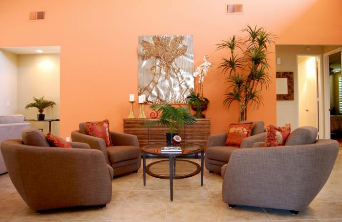seinämaali ideoita olohuone oranssi seinät kasvi