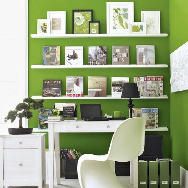 seinän väri vihreä väri ideoita seinän suunnittelu valkoiset hyllyt