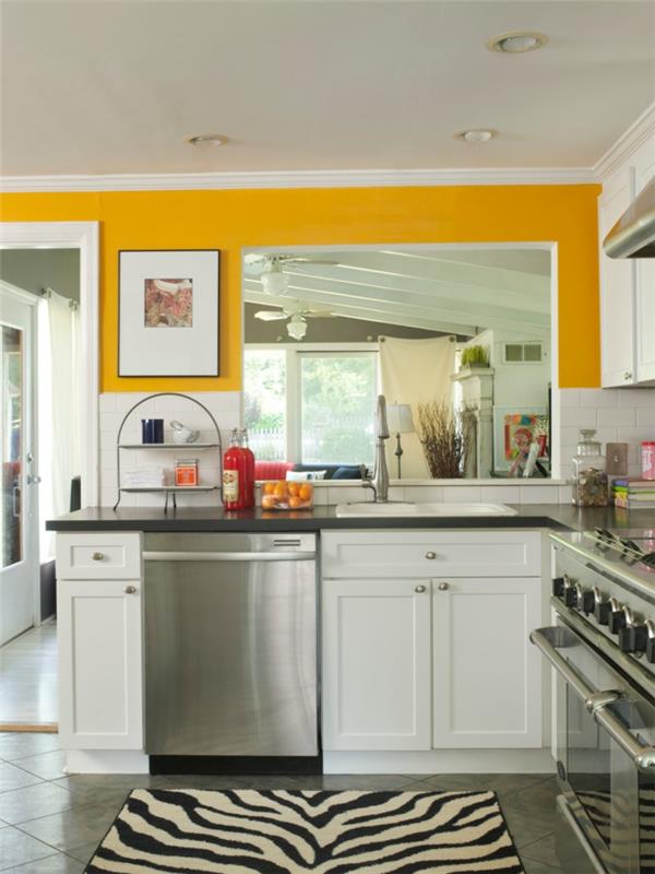 seinämaali keittiö keltainen seepra matto lattialaatat