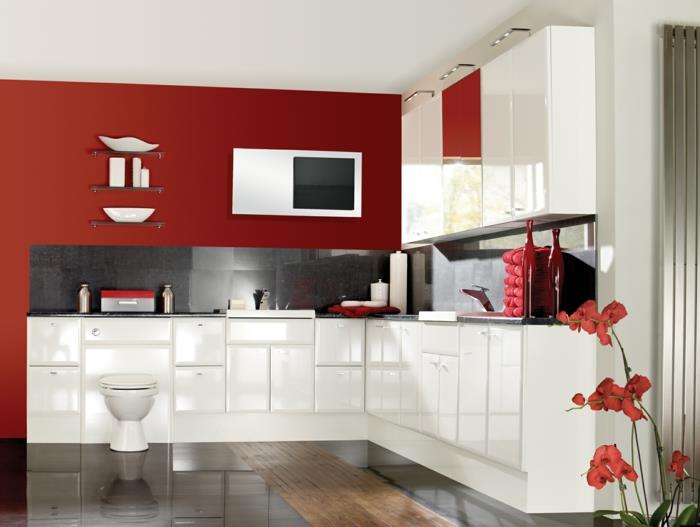 maalaa seinät ideoita punainen aksentti seinä valkoinen keittiökaapit