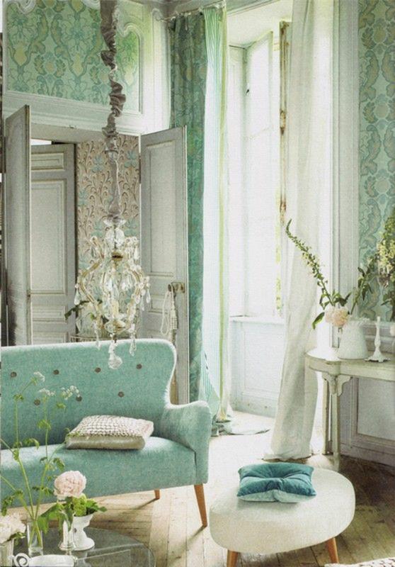 seinän väri mintunvihreä verhoideoita seinän tapetti kuvio kukka olohuone sohva