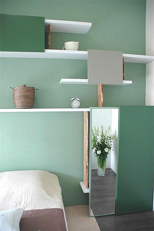 seinän väri minttu vihreä makuuhuoneen värisuunnittelu avoimet seinähyllyt