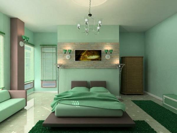 seinämaali minttu vihreä makuuhuoneen maalaus seinät vuodevaatteet seinävalaisimet