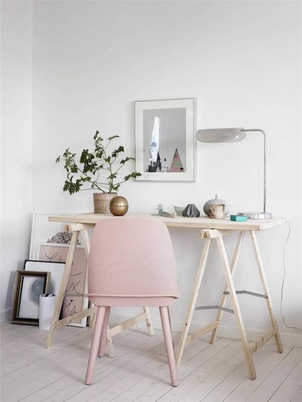seinäväri vaaleanpunainen työpöytä puinen työpöytä skandinaavista elämää