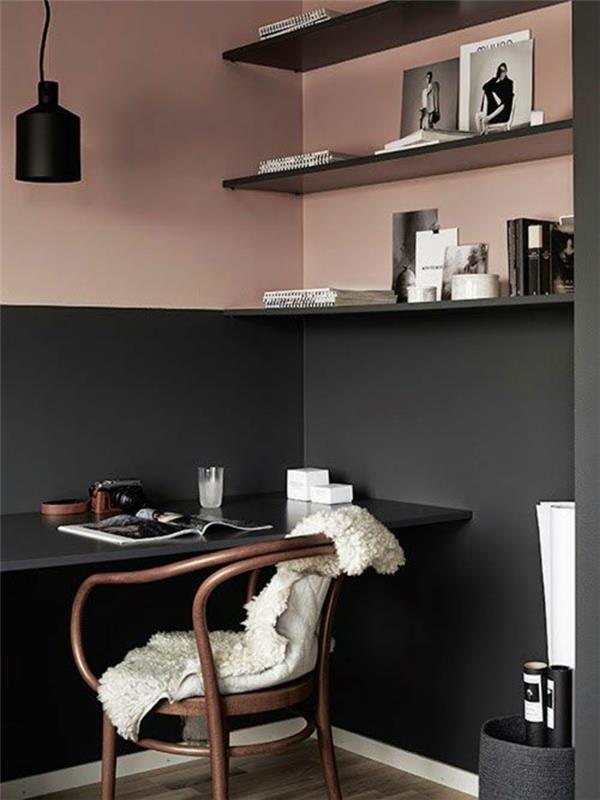 seinän väri vaaleanpunainen työpöytä harmaa tuoli avoimet hyllyt