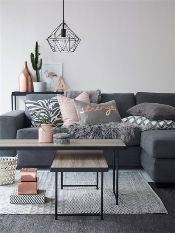 seinän väri vaaleanpunainen koriste -esineet aksentti heittää tyynyt maljakko harmaa sohva puu metalli sohvapöytä