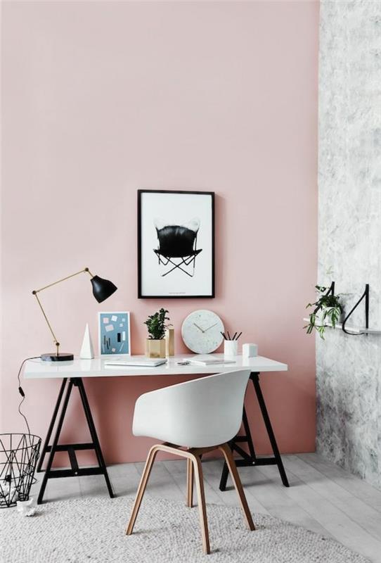 seinäväri vaaleanpunainen kotitoimiston työpöytä skandinaavinen design -tuoli