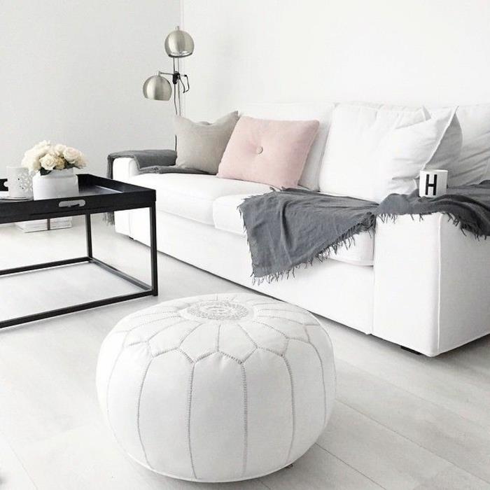 seinäväri vaaleanpunainen valkoinen olohuone sisustus nahka pouf -sohvatyyny villapeite harmaa