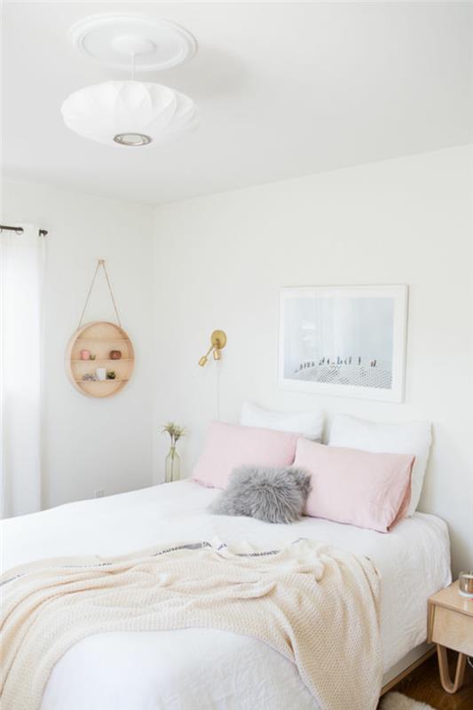 seinän väri vaaleanpunainen valkoiset seinät makuuhuone parivuode liinavaatteet
